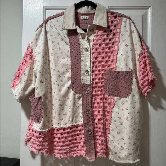 POL Tops - POL Pink and Cream Textured Button-Up Shirt